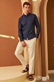 Erkek Kolay Ütülenebilir Oxford Slim Fit Gömlek Lacivert MARS36
