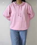 FİTİLLİ OVERSİZE KAPÜŞONLU SWEATSHİRT-PEMBE RENK