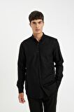 DeFacto %100 Pamuk Regular Fit Polo Yaka Oxford Basic Düz Uzun Kollu Siyah Gömlek A8028AX24AUBK81