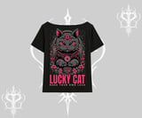 Lucky Cat Japon Tarzı Kedi Baskılı Kayık Yaka Tshirt