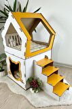 Mavitrend Ahşap Büyük Kedi Evi XXL Açık Teraslı Model 5 Kg Üstü Kediler İçin Beyaz- Sarı Renk