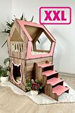 Mavitrend Ahşap Büyük Kedi Evi XXL Açık Teraslı Model 5 Kg Üstü Kediler İçin Kahve- Pembe Renk
