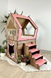 Mavitrend Ahşap Büyük Kedi Evi XXL Açık Teraslı Model 5 Kg Üstü Kediler İçin Kahve- Pembe Renk