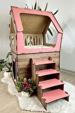 Mavitrend Ahşap Büyük Kedi Evi XXL Açık Teraslı Model 5 Kg Üstü Kediler İçin Kahve- Pembe Renk