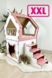 Mavitrend Ahşap Büyük Kedi Evi XXL Açık Teraslı Model 5 Kg Üstü Kediler İçin Pembe - Beyaz Renk