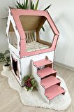 Mavitrend Ahşap Büyük Kedi Evi XXL Açık Teraslı Model 5 Kg Üstü Kediler İçin Pembe - Beyaz Renk