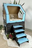 Mavitrend Ahşap Büyük Kedi Evi XXL Açık Teraslı Model 5 Kg Üstü Kediler İçin Mavi - Siyah Renk