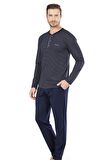 Lacivert Renk Çizgili Uzun Kollu Erkek Pijama Takımı
