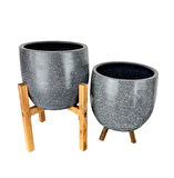 Ev Dekorasyon Aksesuar Gri Granit Toprak Saksı Saksılık Salon Çiçeklik İkili Set 3 Ayaklı- 4 Ayaklı- 19 CM