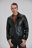 Erkek  Siyah Gömlek Yakalı Hakiki Deri Ceket