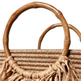 Uretti - Ayşe 4723 0939 El Yapımı Jüt İp Ahşap Saplı ve Püsküllü Hasır Görünümlü Çanta - Kahverengi