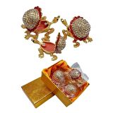 Swarovski Taşlı Kırmızı Kaplumbağa Mücevher Kutusu Üçlü Set