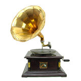 Gramofon Plakçalar Ahşap Kare Köşeleri Bronz İşli Kurmalı ASIG501