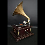 Gramofon Plakçalar Ahşap Kare Köşeleri Bronz İşli Kurmalı ASIG501