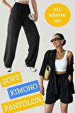 Kadın Düz Renk Rahat Kesim 3'Lü Set Kimono şort pantolon Takım