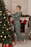 Kadın Noel Desen Mevsimlik Pamuk Likra Göğüs Cepli Boydan Önden Düğmeli Uzun Kol Pijama Takımı
