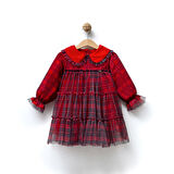 Kız Çocuk Uzun Kol Kadife Yaka Kırmızı Tüllü Elbise