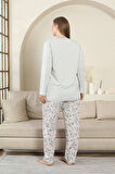 Kadın Büyük Beden Gri Çiçek Desen 3 Düğmeli Mevsimlik Uzun Kol Pijama Takımı