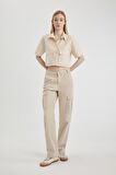 DeFacto Coool Oversize Geniş Kalıp Poplin Kısa Kollu Crop Gömlek C0739AX24SPBG360