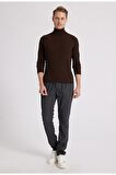 Slim Fit Kahverengi Fitilli Pamuk Karışımlı Boğazlı Triko Kazak 5HF06ORT63100
