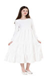 Gülücük Kids G01641-428 Kız Çocuk Kesme Keten Desenli Elbise - Gülücük - Beyaz - ST01641-Beyaz-12 YAŞ