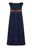 Straplez Denim Pileli Elbise Mavi