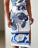 Kadın Sıfır Kollu Yuvarlak Yaka çiçekli Desenli Süprem Crop Ve Yırtmaçlı Etek Ikili Takım