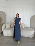 Keten Yandan Yırtmaçlı  Uzun Sıfır Kolsuz Elbise - Mavi