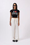 Nakış Detay Baskılı Crop T-Shirt