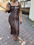 Kadın Dalgıç Kumaş Dijital Leopar Baskılı Midi Boy Elbise