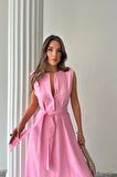 KETEN ELBİSE KOLSUZ BEL BAĞLAMALI MAXİ ELBİSE - Pembe