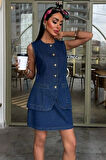 Kolsuz Yelekli Mini Etekli Denim Takım 10164