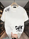 Baskılı Oversize Bisiklet Yaka T-shirt - Beyaz
