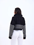 43311 TRİKO ÇİZGİLİ FERMUARLI CROP-SİYAH-EKRU