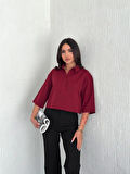 Crop Yakalı Gömlek Üç Çeyrek Sleeve Kol - Bordo
