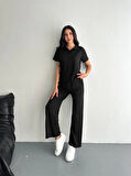 Osy Modal Yumuşak Dokulu Kumaş Kısa Kollu Yakalı T-shirt Pantalon Ikili Takım- Siyah