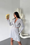 POLYVİSKON CROP CEKET - EKOSE PİLE DETAYLI ETEK TAKIM - Gri