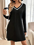 Kadın Uzun Kollu V şerit Yakalı Kısa Viskon Iki Iplik Elbise