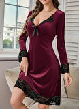 Kadın Uzun Kollu V Dantel Yakalı Mini Kadife Elbise