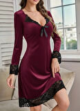 Kadın Uzun Kollu V Dantel Yakalı Mini Kadife Elbise