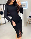 Kadın Uzun Kollu Bisiklet Yaka önden Dantel Ve Yırtmaç Detaylı Dalgıç Elbise