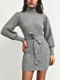 Kadın Uzun Kollu Balıkçı Yaka Beli Kuşaklı Mini Triko Elbise