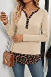 Kadın Uzun Kollu Yakadan Düğmeli Leopar Detaylı Kaşkorse Bluz