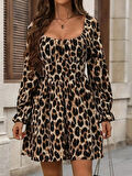 Kadın Uzun Kollu Kare Yakalı Leopar Modal Mini Elbise