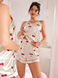Kadın Ekru Kiraz Desenli Saten Şort Pijama Takımı 2226