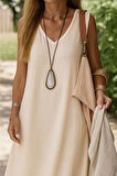 Kadın Kolsuz V Yakalı Maksi Boy Ithal Keten Elbise