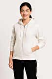 Üç İplik Kapüşonlu Tam Fermuarlı Kanguru Çepli SweatShirt Hoodie - Beyaz