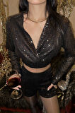 PULLU CROP KRUVAZE BLUZ - Siyah
