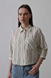 Çizgili Kısa Gömlek - Bej-Yeşil