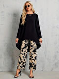Kadın Uzun Kollu Bisiklet Yaka Asimetrik Kesim Detaylı Viskon Bluz Ve çiçek Desenli Iki Iplik Pantolon